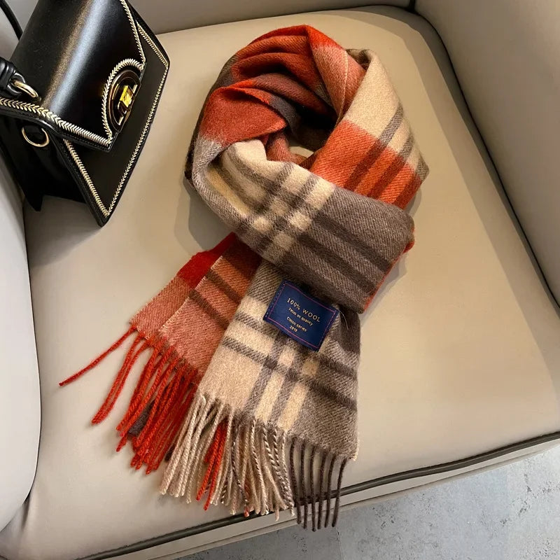 Fashion Classic 100% Wool Plaid Red Scarf Women Couples Autumn Winter Warm Cashmere Thermal Soft Muffler Female Long Wraps Men