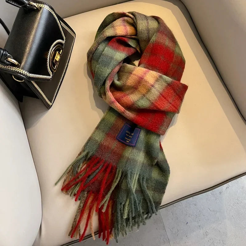 Fashion Classic 100% Wool Plaid Red Scarf Women Couples Autumn Winter Warm Cashmere Thermal Soft Muffler Female Long Wraps Men