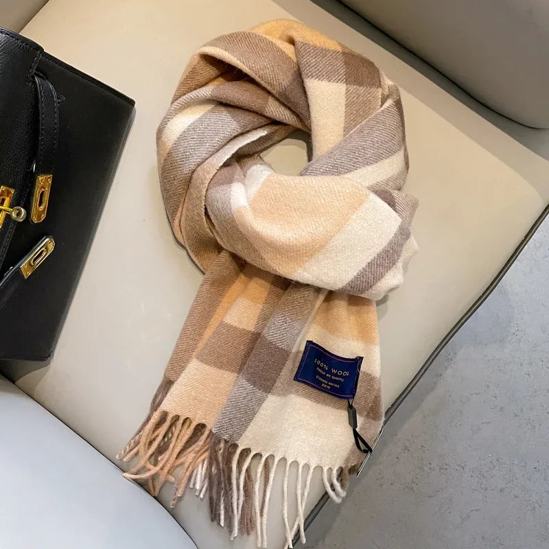 Fashion Classic 100% Wool Plaid Red Scarf Women Couples Autumn Winter Warm Cashmere Thermal Soft Muffler Female Long Wraps Men