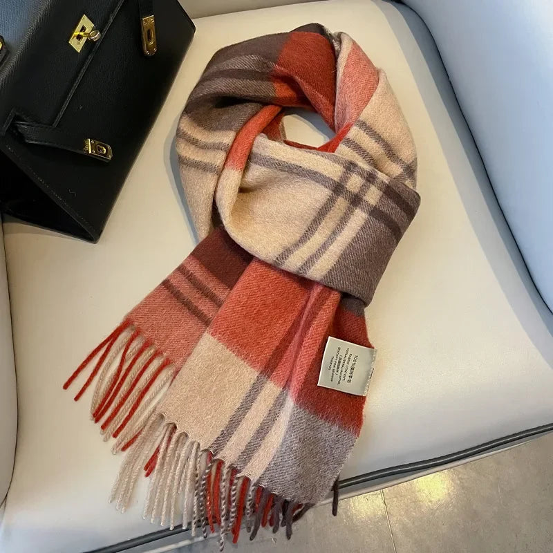 Fashion Classic 100% Wool Plaid Red Scarf Women Couples Autumn Winter Warm Cashmere Thermal Soft Muffler Female Long Wraps Men