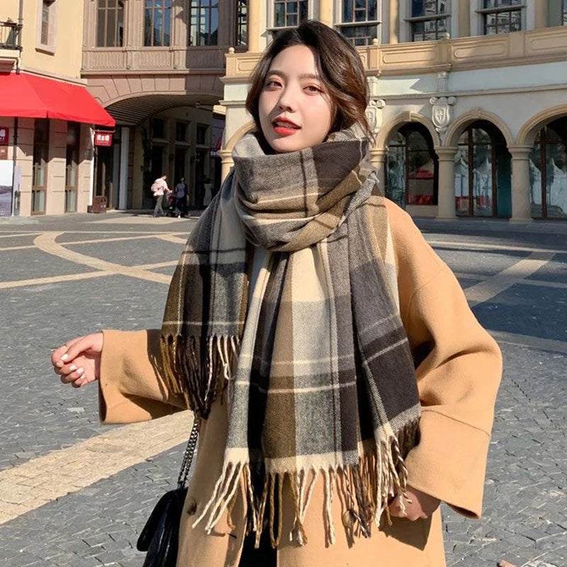 Winter Scarf for Women Girls Korean Imitation Cashmere Plaid Scarves Thickened Warm Windproof Shawls Fashion Classic Tassel Wrap