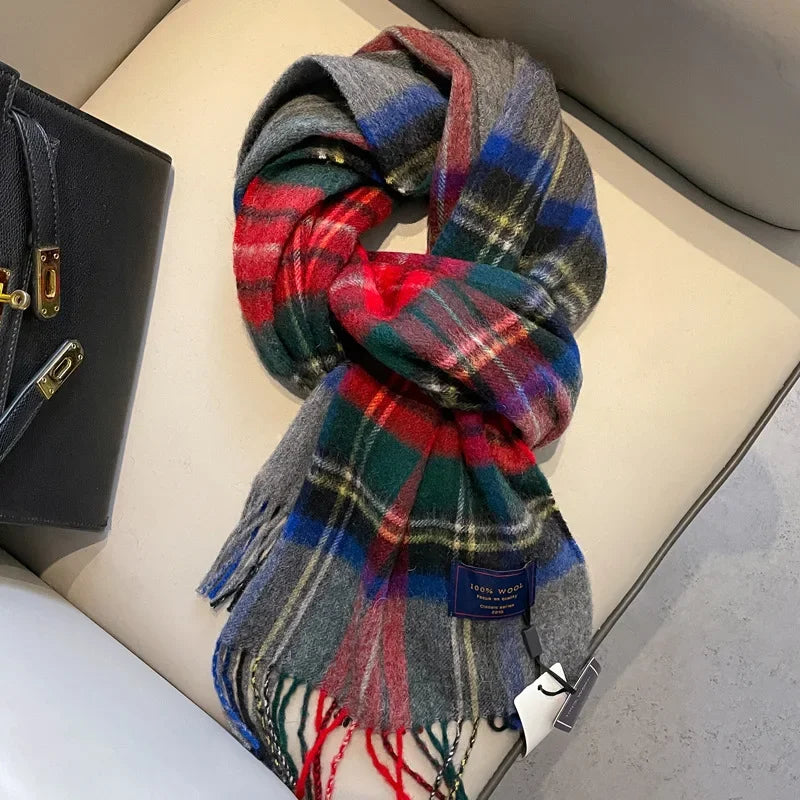 Fashion Classic 100% Wool Plaid Red Scarf Women Couples Autumn Winter Warm Cashmere Thermal Soft Muffler Female Long Wraps Men