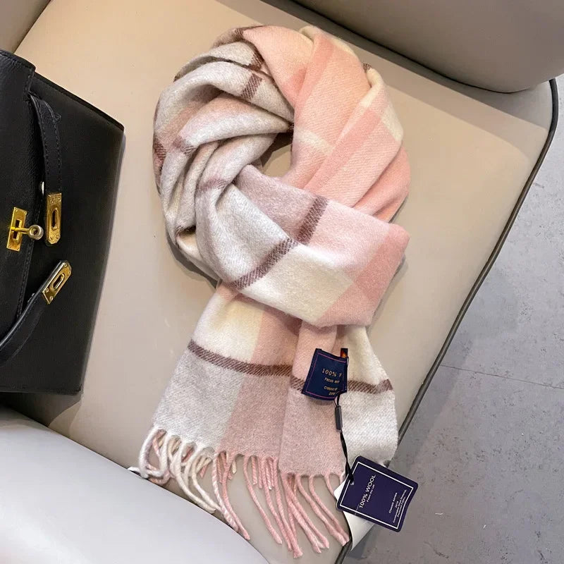 Fashion Classic 100% Wool Plaid Red Scarf Women Couples Autumn Winter Warm Cashmere Thermal Soft Muffler Female Long Wraps Men