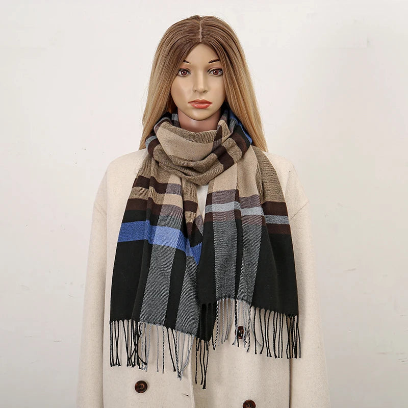 Female Fashion Thin Pashmina Soft and Warmth Outdoor Early Winter Classic Remove Edge Plaid Long Scarf with Tessels Muslim Shawl