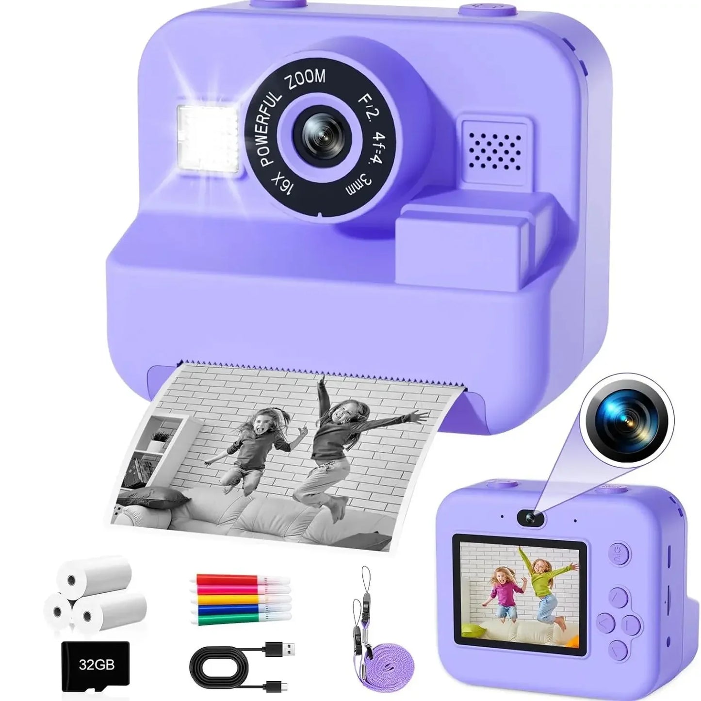 Children's Mini Digital Video Camera with Thermal Printing & Multiple Image Stabilization, 32GB Card Included