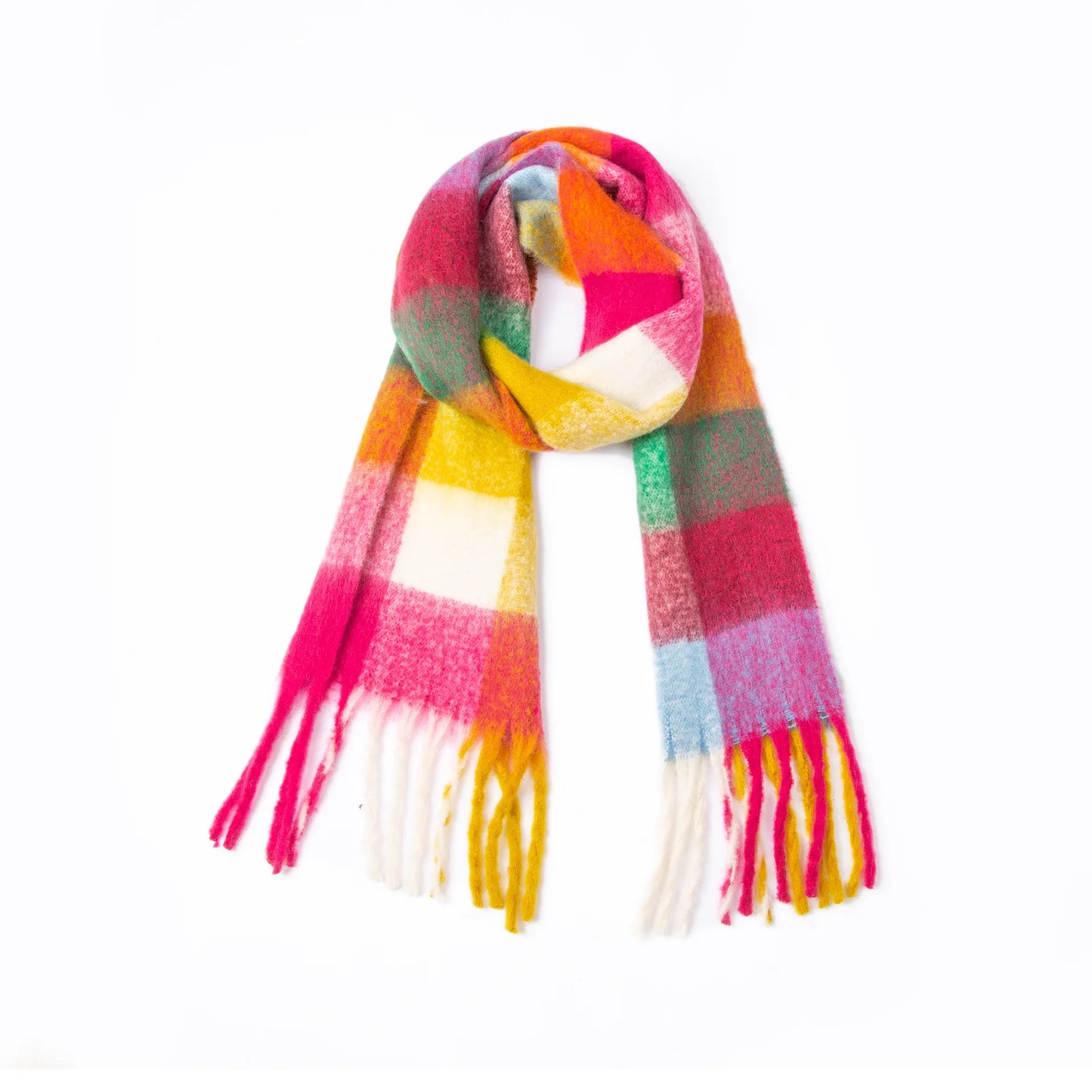 Luxury Brand Women Plaid Scarf Winter Warm Pashmina Shawls Cashmere Thick Wrap Lady Tassel Blanket Scarves Rainbow Hairy Bufanda