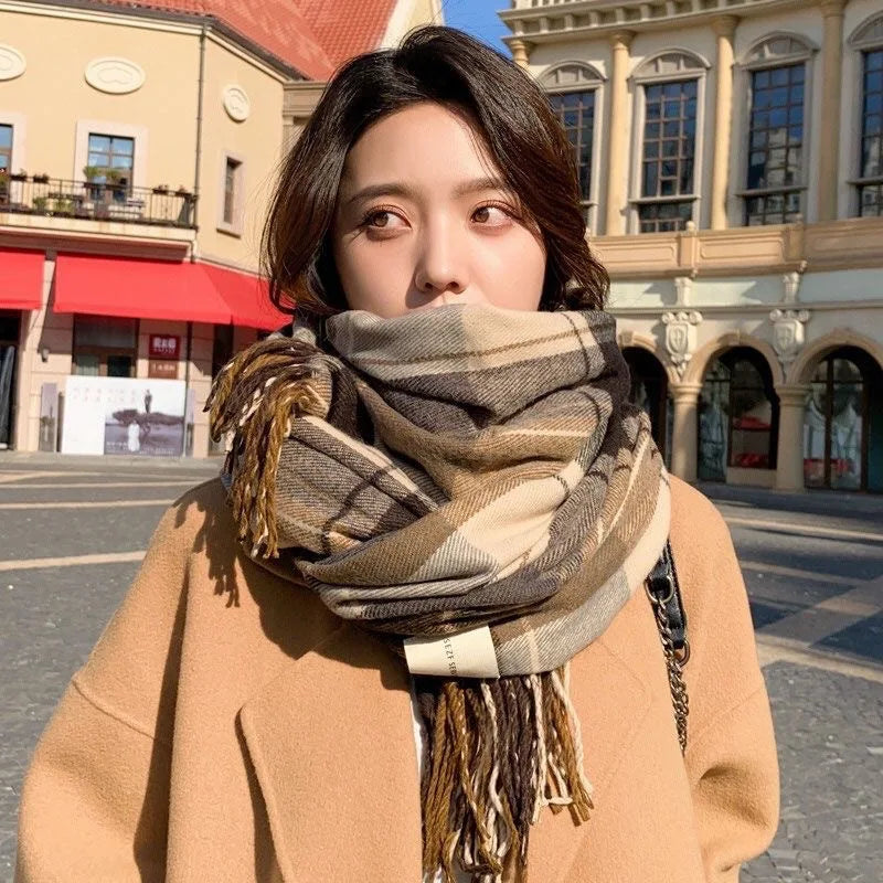 Winter Scarf for Women Girls Korean Imitation Cashmere Plaid Scarves Thickened Warm Windproof Shawls Fashion Classic Tassel Wrap