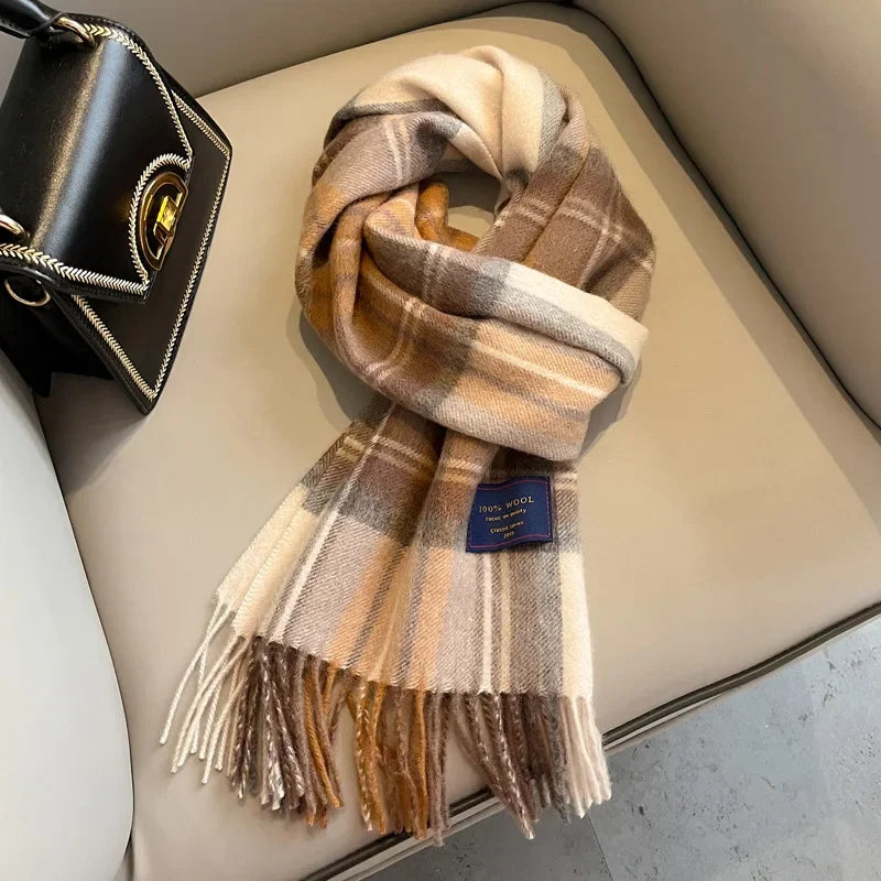 Fashion Classic 100% Wool Plaid Red Scarf Women Couples Autumn Winter Warm Cashmere Thermal Soft Muffler Female Long Wraps Men