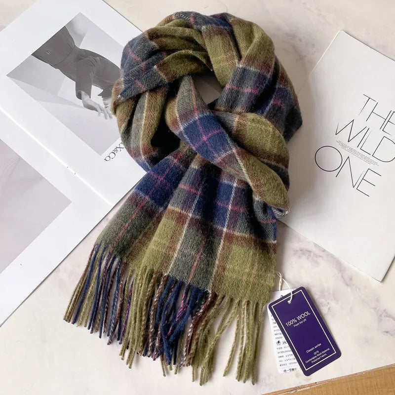 Fashion Classic 100% Wool Plaid Red Scarf Women Couples Autumn Winter Warm Cashmere Thermal Soft Muffler Female Long Wraps Men