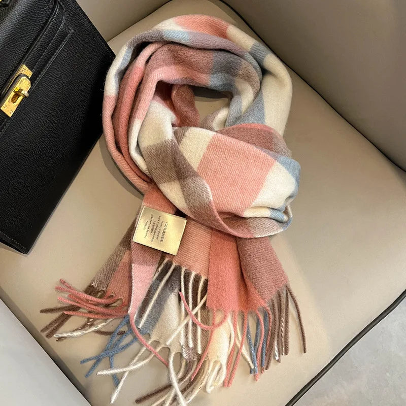 Fashion Classic 100% Wool Plaid Red Scarf Women Couples Autumn Winter Warm Cashmere Thermal Soft Muffler Female Long Wraps Men