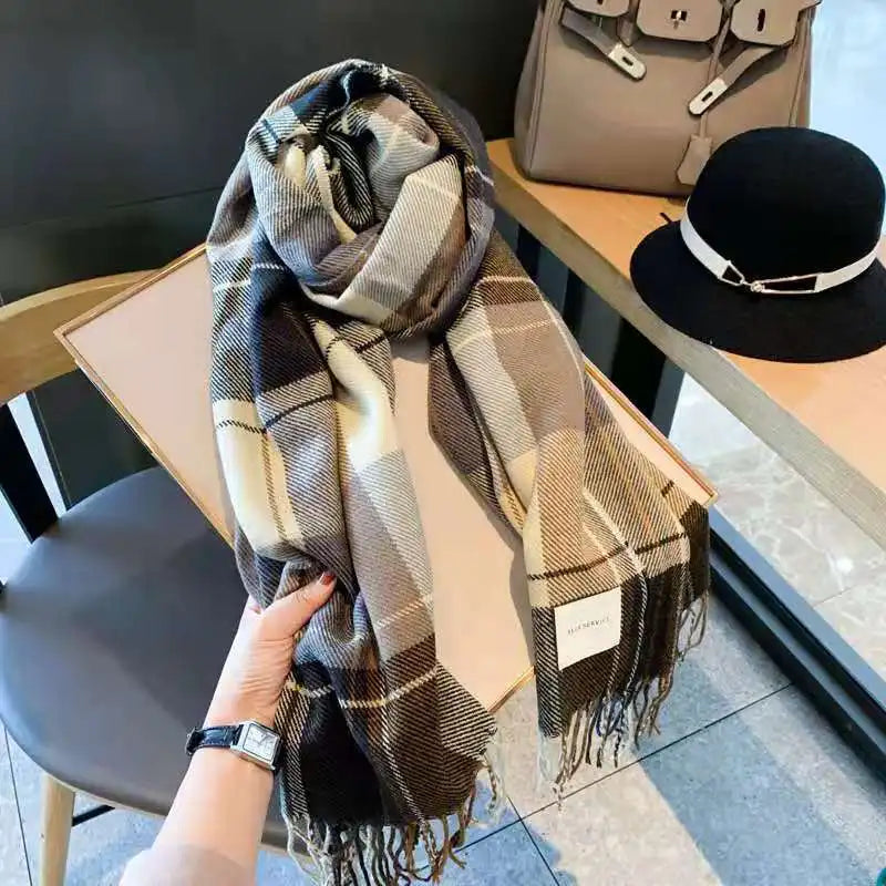 Winter Scarf Women's Korean Style Thick Checker Patterned Scarf Couple Students' Scarves Imitation Cashmere Outdoors Warm