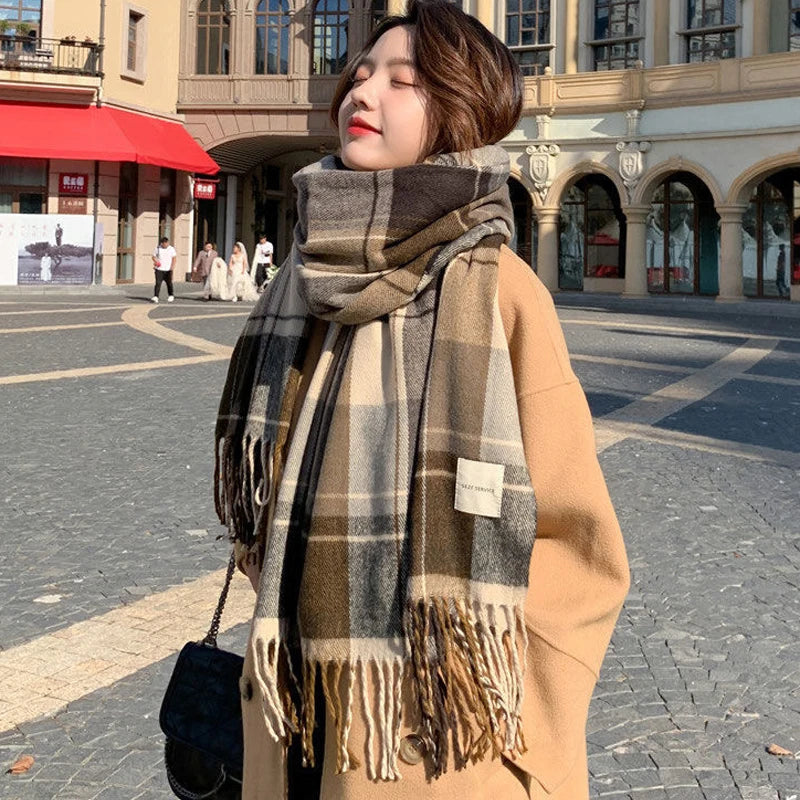 Winter Scarf for Women Girls Korean Imitation Cashmere Plaid Scarves Thickened Warm Windproof Shawls Fashion Classic Tassel Wrap