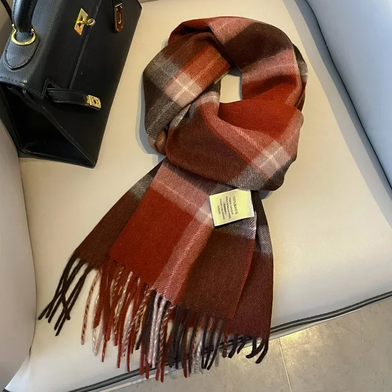 Fashion Classic 100% Wool Plaid Red Scarf Women Couples Autumn Winter Warm Cashmere Thermal Soft Muffler Female Long Wraps Men