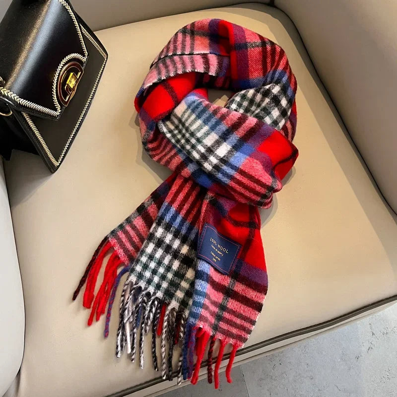 Fashion Classic 100% Wool Plaid Red Scarf Women Couples Autumn Winter Warm Cashmere Thermal Soft Muffler Female Long Wraps Men