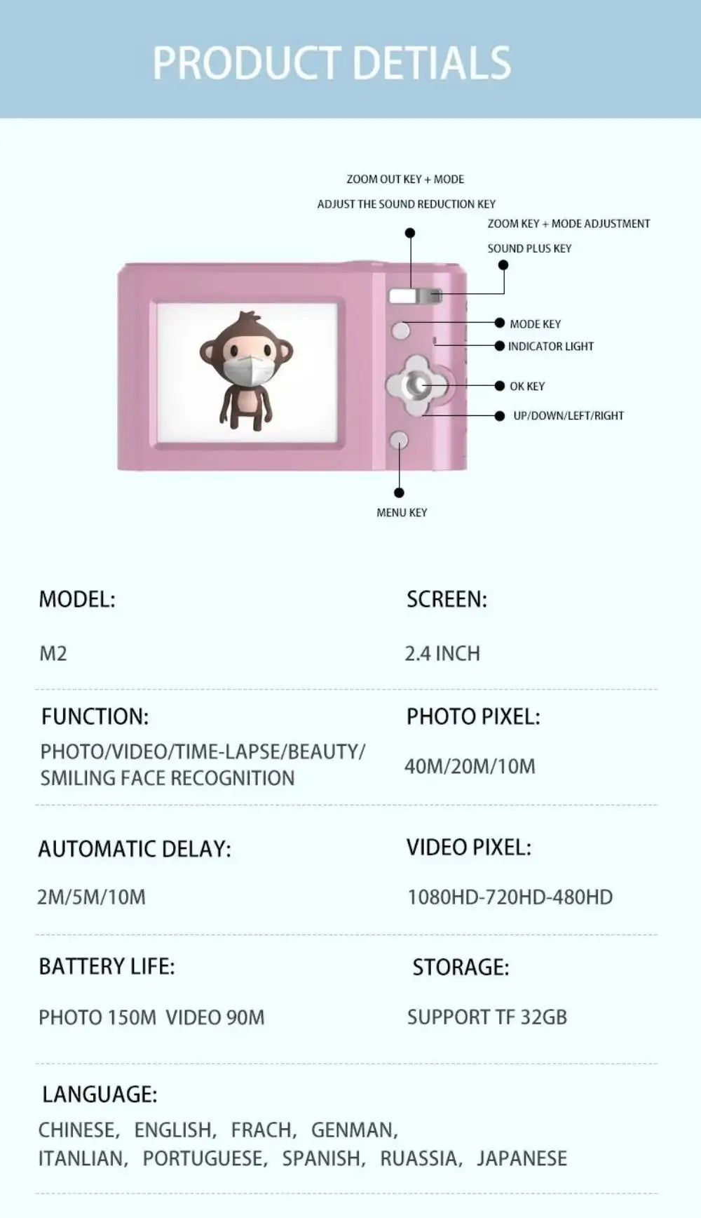 Digital Camera Autofocus Camera for Kid Camcorder with 8x Zoom Compact Cameras 1080P Cameras for Beginner Photography