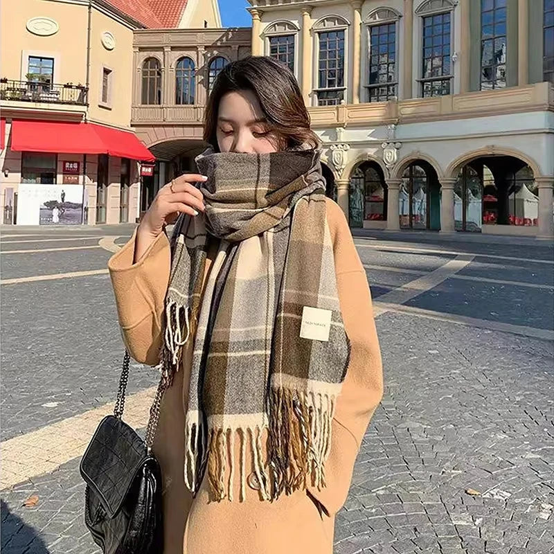 Winter Scarf for Women Girls Korean Imitation Cashmere Plaid Scarves Thickened Warm Windproof Shawls Fashion Classic Tassel Wrap