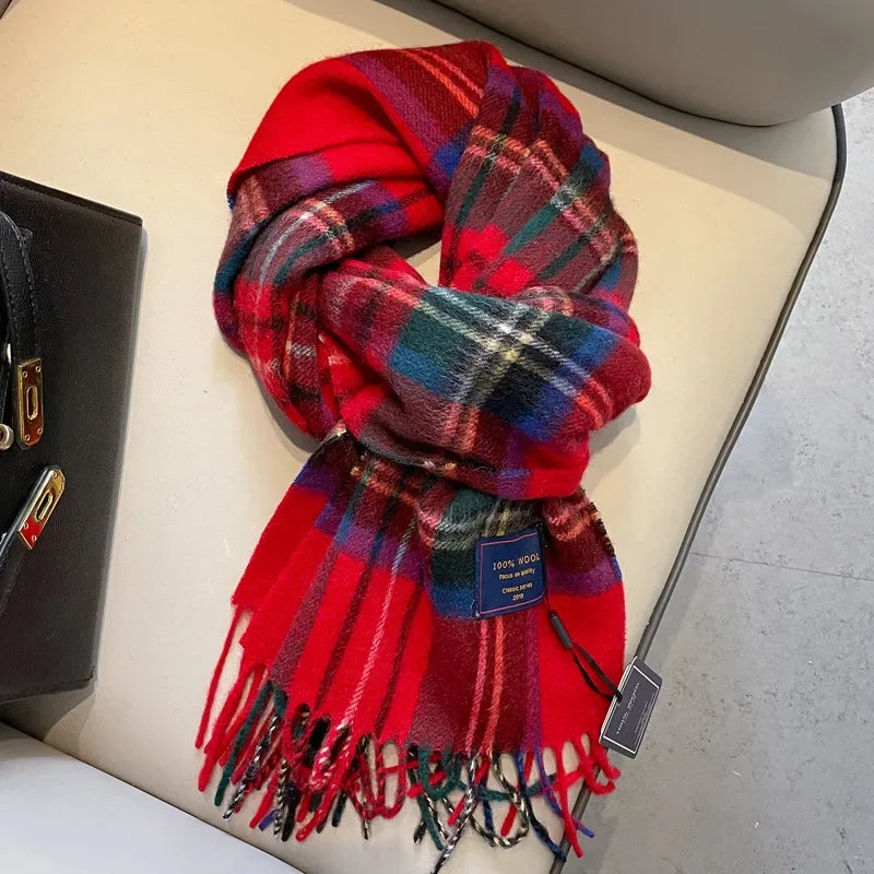 Fashion Classic 100% Wool Plaid Red Scarf Women Couples Autumn Winter Warm Cashmere Thermal Soft Muffler Female Long Wraps Men