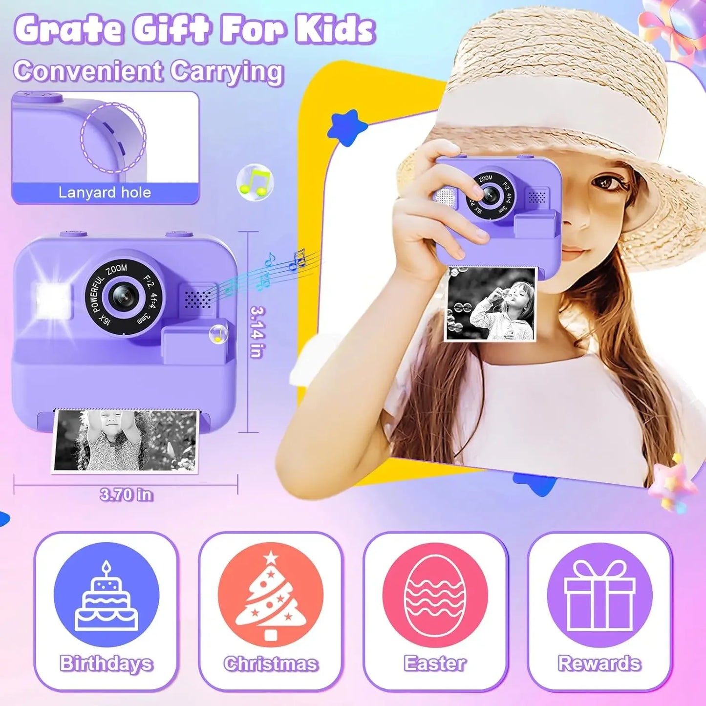 Children's Mini Digital Video Camera with Thermal Printing & Multiple Image Stabilization, 32GB Card Included