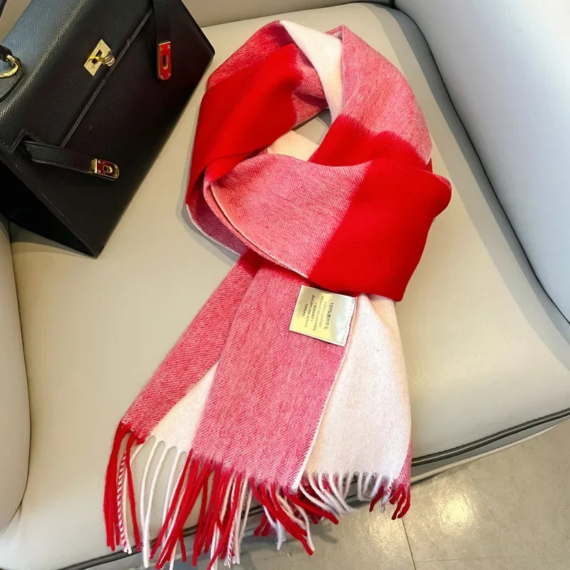 Fashion Classic 100% Wool Plaid Red Scarf Women Couples Autumn Winter Warm Cashmere Thermal Soft Muffler Female Long Wraps Men