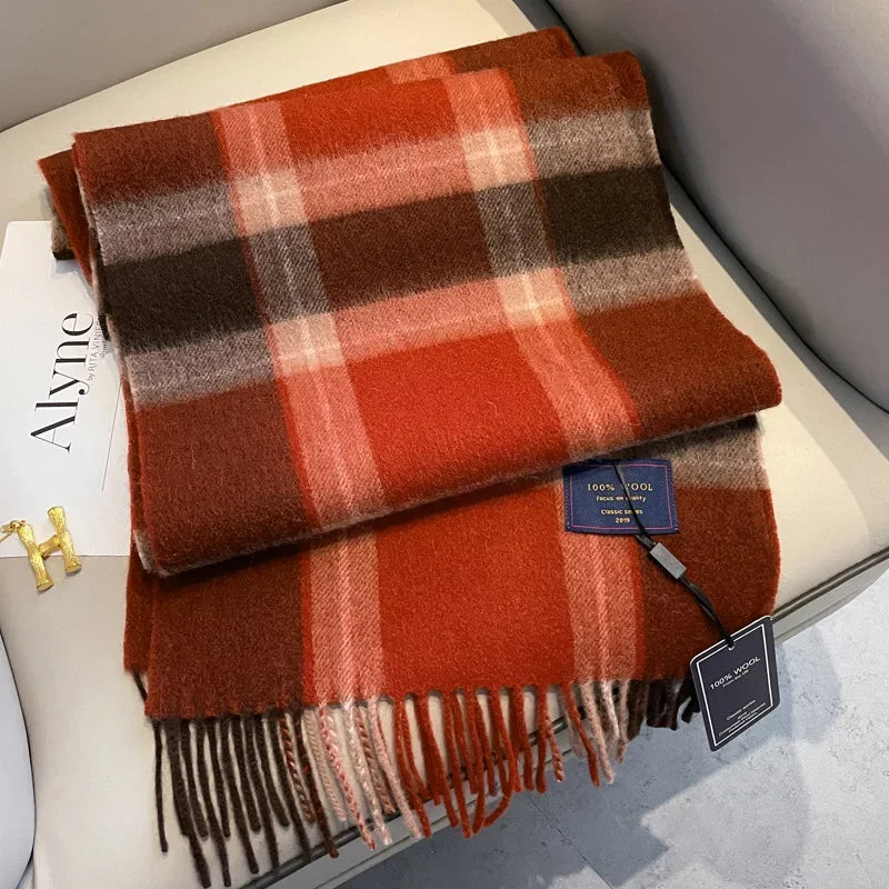 Fashion Classic 100% Wool Plaid Red Scarf Women Couples Autumn Winter Warm Cashmere Thermal Soft Muffler Female Long Wraps Men