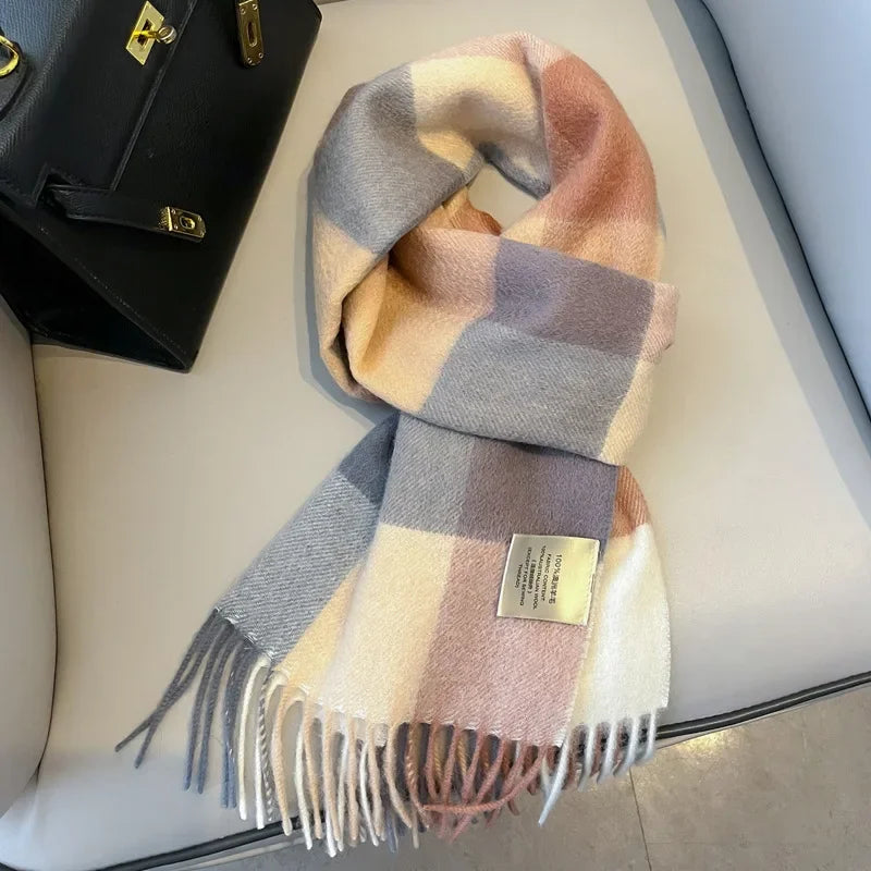 Fashion Classic 100% Wool Plaid Red Scarf Women Couples Autumn Winter Warm Cashmere Thermal Soft Muffler Female Long Wraps Men