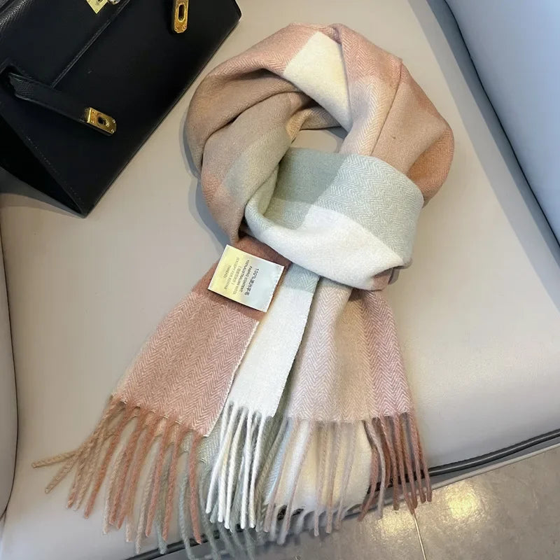 Fashion Classic 100% Wool Plaid Red Scarf Women Couples Autumn Winter Warm Cashmere Thermal Soft Muffler Female Long Wraps Men