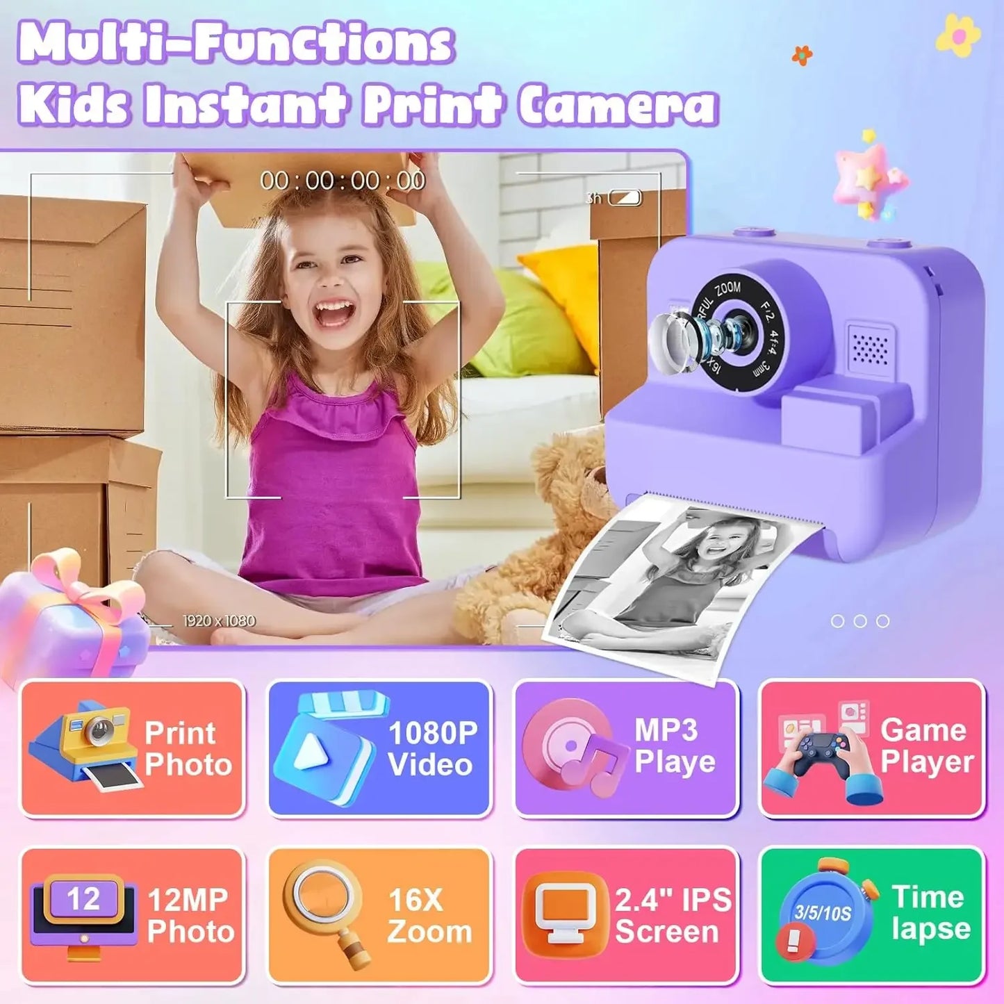 Children's Mini Digital Video Camera with Thermal Printing & Multiple Image Stabilization, 32GB Card Included
