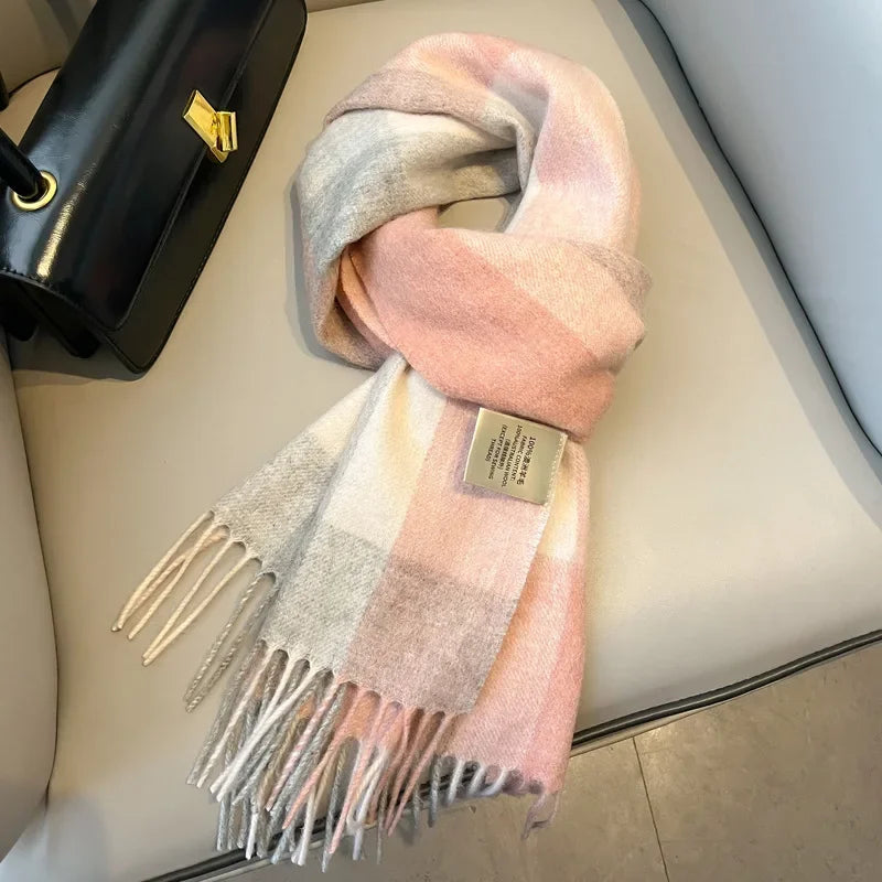 Fashion Classic 100% Wool Plaid Red Scarf Women Couples Autumn Winter Warm Cashmere Thermal Soft Muffler Female Long Wraps Men