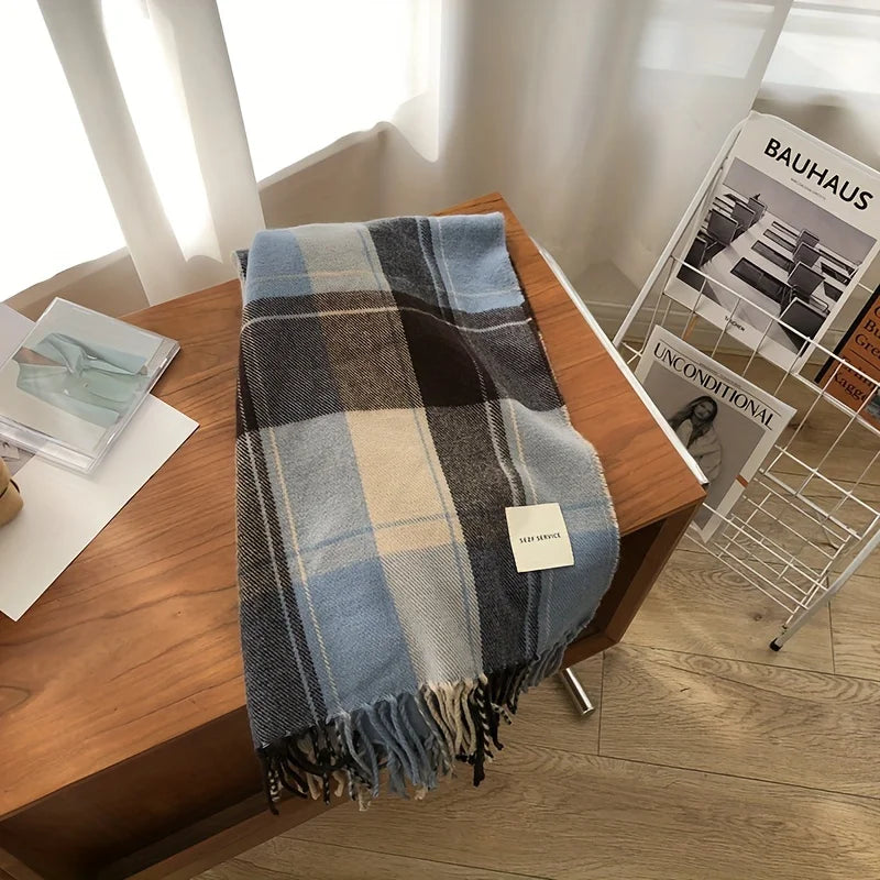 Winter Scarf Women's Korean Style Thick Checker Patterned Scarf Couple Students' Scarves Imitation Cashmere Outdoors Warm