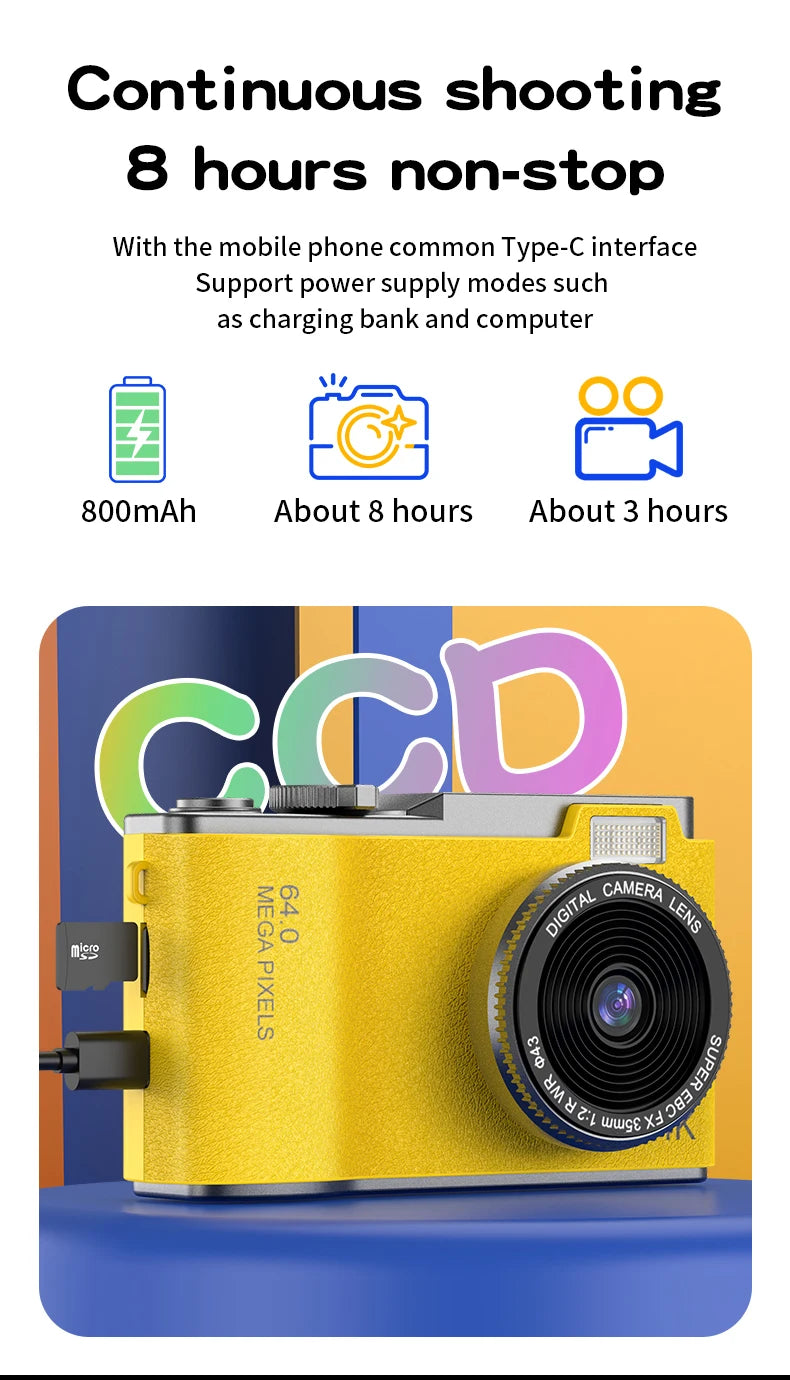 Digital Camera 4K 64MP Photography Camera Video Camcorder Rechargeable Cameras 2.4 inch Screen Camcorder for Kid Adult Beginners