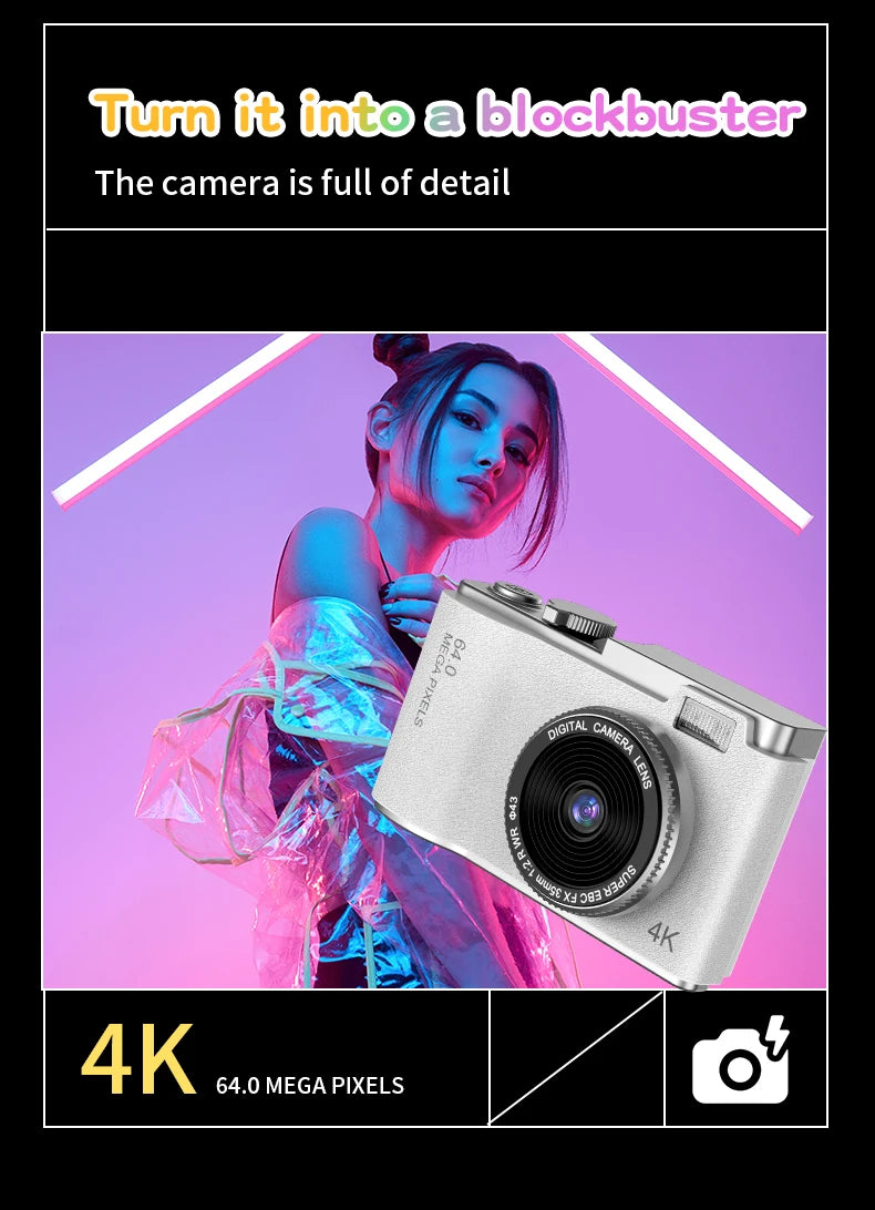 Digital Camera 4K 64MP Photography Camera Video Camcorder Rechargeable Cameras 2.4 inch Screen Camcorder for Kid Adult Beginners