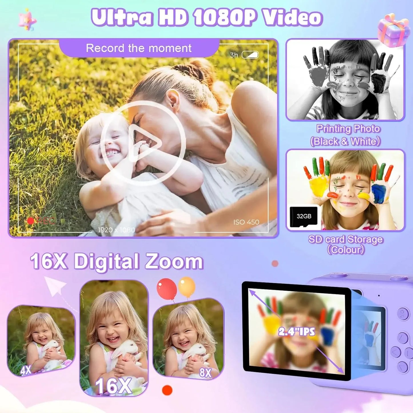 Children's Mini Digital Video Camera with Thermal Printing & Multiple Image Stabilization, 32GB Card Included