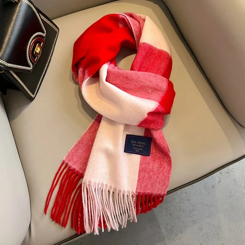 Fashion Classic 100% Wool Plaid Red Scarf Women Couples Autumn Winter Warm Cashmere Thermal Soft Muffler Female Long Wraps Men