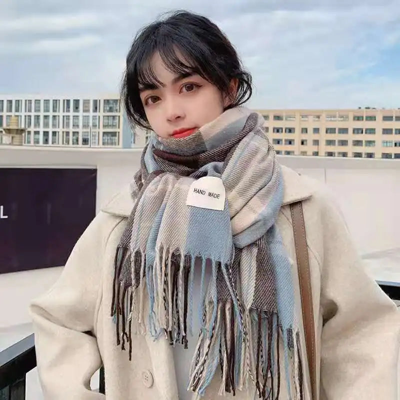 Winter Scarf Women's Korean Style Thick Checker Patterned Scarf Couple Students' Scarves Imitation Cashmere Outdoors Warm