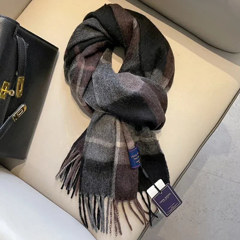 Fashion Classic 100% Wool Plaid Red Scarf Women Couples Autumn Winter Warm Cashmere Thermal Soft Muffler Female Long Wraps Men
