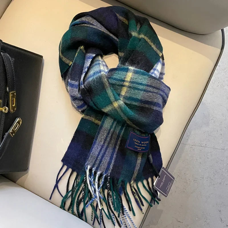 Fashion Classic 100% Wool Plaid Red Scarf Women Couples Autumn Winter Warm Cashmere Thermal Soft Muffler Female Long Wraps Men