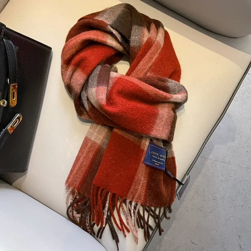 Fashion Classic 100% Wool Plaid Red Scarf Women Couples Autumn Winter Warm Cashmere Thermal Soft Muffler Female Long Wraps Men