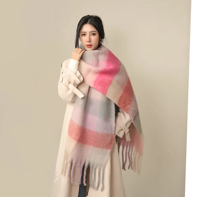 35 *220CM Luxury Checked Scarf Warm in Winter Cashmere Like Feel Rainbow Checked Fashion Versatile Women Tassel Shawl Scarf