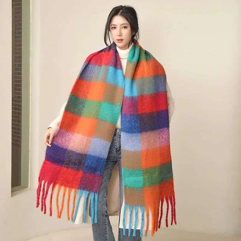 35 *220CM Luxury Checked Scarf Warm in Winter Cashmere Like Feel Rainbow Checked Fashion Versatile Women Tassel Shawl Scarf