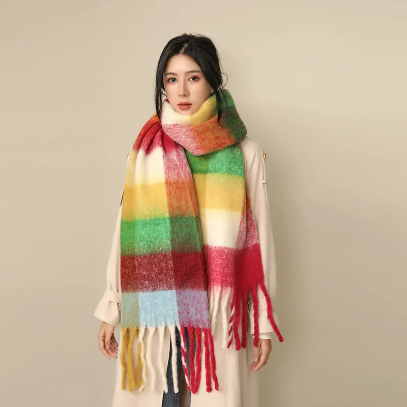 35 *220CM Luxury Checked Scarf Warm in Winter Cashmere Like Feel Rainbow Checked Fashion Versatile Women Tassel Shawl Scarf