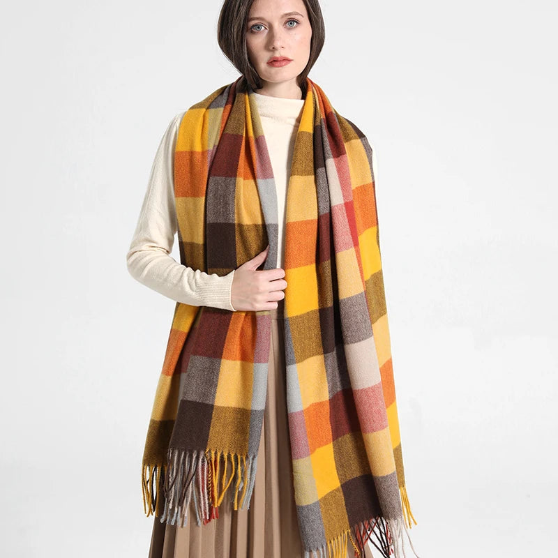 2023 New Women Simulated Cashmere Checker Scarf Warm in Winter Long Thick Cashmere Touch Tassel Fashion Color Checker Scarf