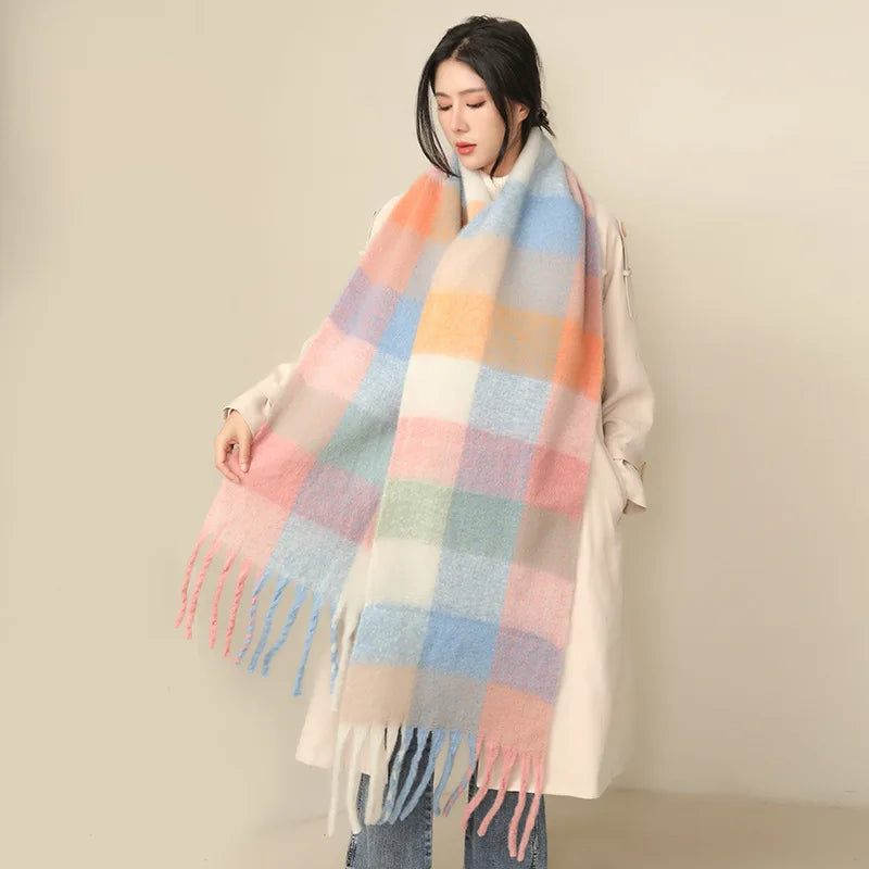 35 *220CM Luxury Checked Scarf Warm in Winter Cashmere Like Feel Rainbow Checked Fashion Versatile Women Tassel Shawl Scarf