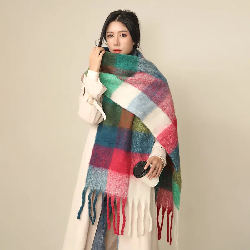 35 *220CM Luxury Checked Scarf Warm in Winter Cashmere Like Feel Rainbow Checked Fashion Versatile Women Tassel Shawl Scarf