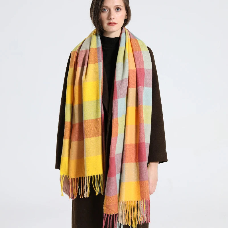 2023 New Women Simulated Cashmere Checker Scarf Warm in Winter Long Thick Cashmere Touch Tassel Fashion Color Checker Scarf