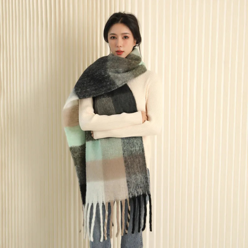 35 *220CM Luxury Checked Scarf Warm in Winter Cashmere Like Feel Rainbow Checked Fashion Versatile Women Tassel Shawl Scarf