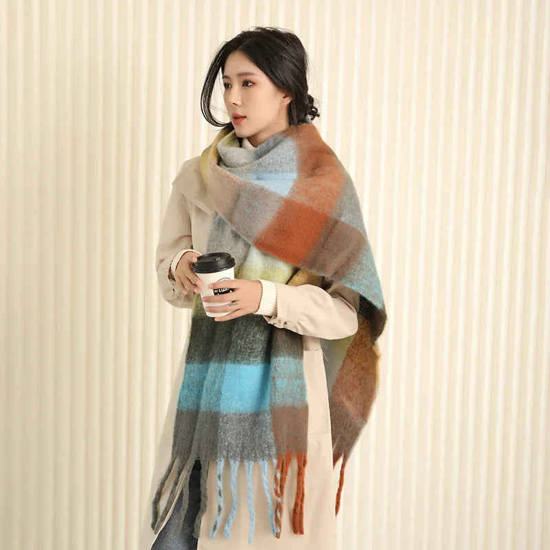 35 *220CM Luxury Checked Scarf Warm in Winter Cashmere Like Feel Rainbow Checked Fashion Versatile Women Tassel Shawl Scarf