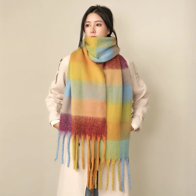 35 *220CM Luxury Checked Scarf Warm in Winter Cashmere Like Feel Rainbow Checked Fashion Versatile Women Tassel Shawl Scarf
