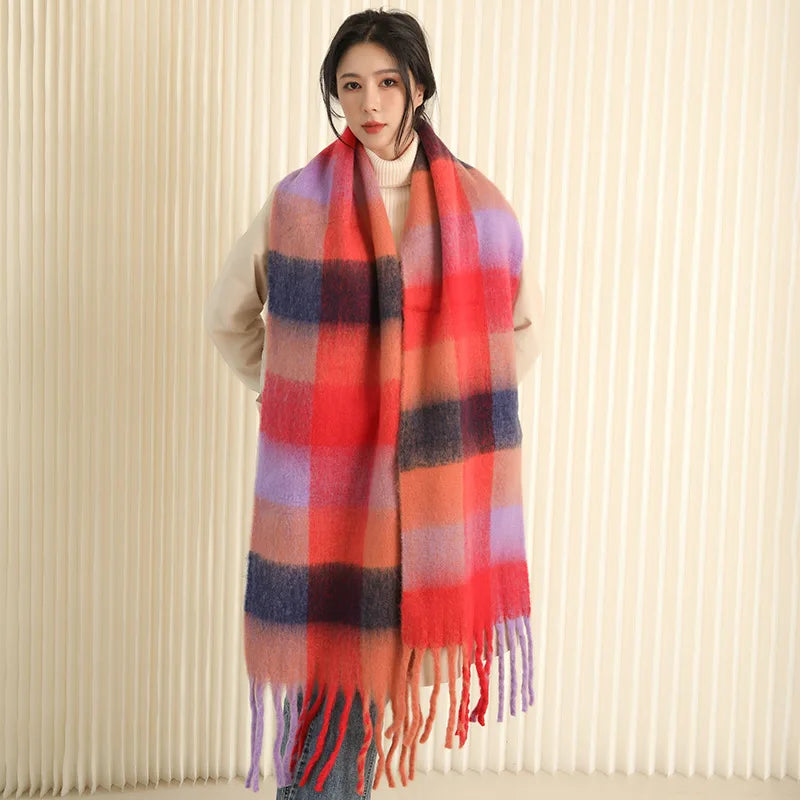 35 *220CM Luxury Checked Scarf Warm in Winter Cashmere Like Feel Rainbow Checked Fashion Versatile Women Tassel Shawl Scarf