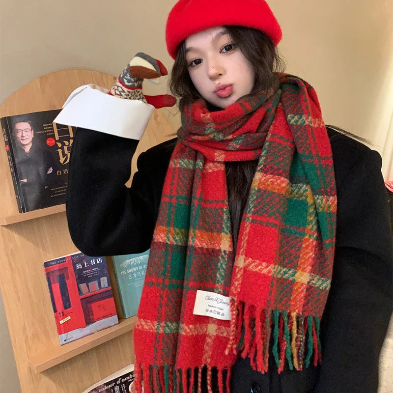 INS Autumn Winter Korean Plaid Thick Warm Scarf Su Da Shawl Student's New Style Imitates Cashmere Plaid Atmosphere Flowing