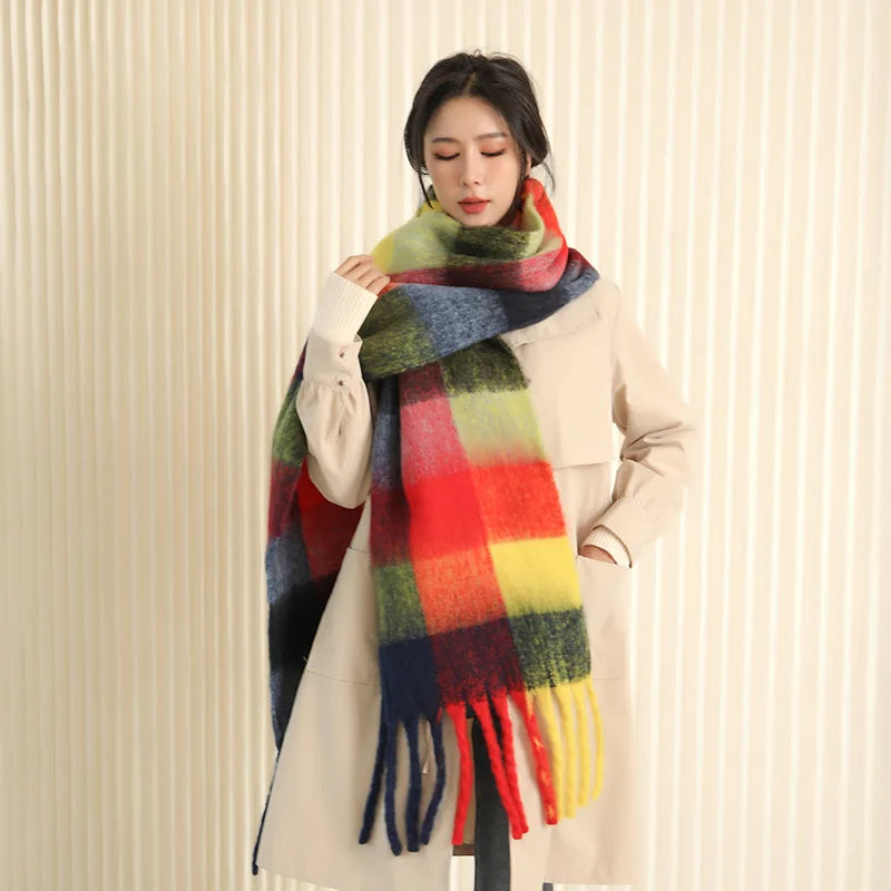 35 *220CM Luxury Checked Scarf Warm in Winter Cashmere Like Feel Rainbow Checked Fashion Versatile Women Tassel Shawl Scarf